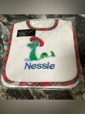 Glen Appin 'Nessie' Baby Bib - White with Red Plaid Trim